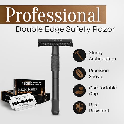 Fac?n Double Edge Safety Razor for Men & Women - Butterfly Open Stainless Steel Razor w/ 50 Platinum Double Edge Safety Razor Blades, Single Blade Razor for Smooth Close Shave, Reusable & Eco-Friendly