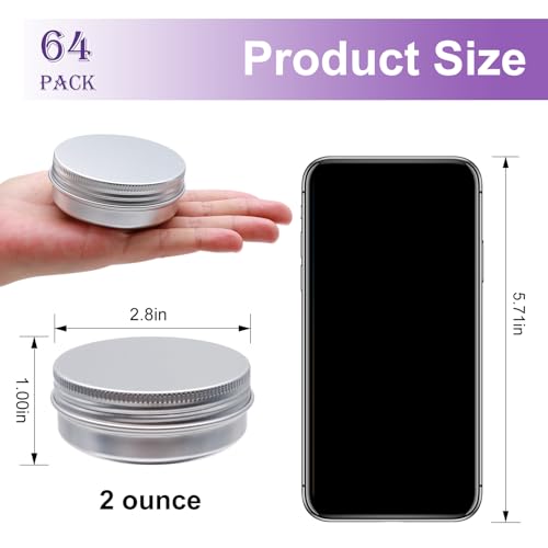 64Pack 2oz Aluminum Tin Jars, Metal Round Tins with Screw Lid for Lotion Bars, Balms, Cream, Salve, Spices, Toiletries