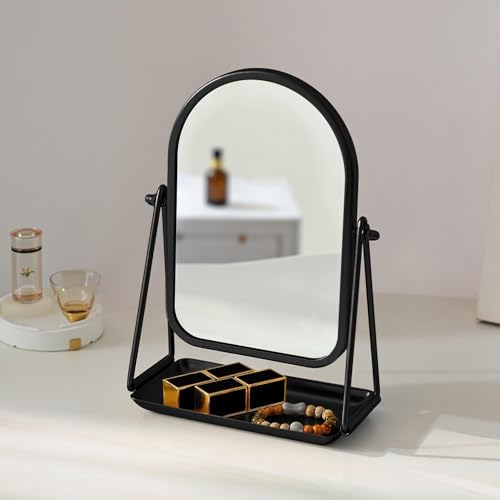 Desk Table Mirror Black Arch Desktop Vanity Mirror Iron Frame Make up Mirrors with 360 Degree Swivel Countertop Mirrors for Dressing Room Bathroom Bedroom Apartment