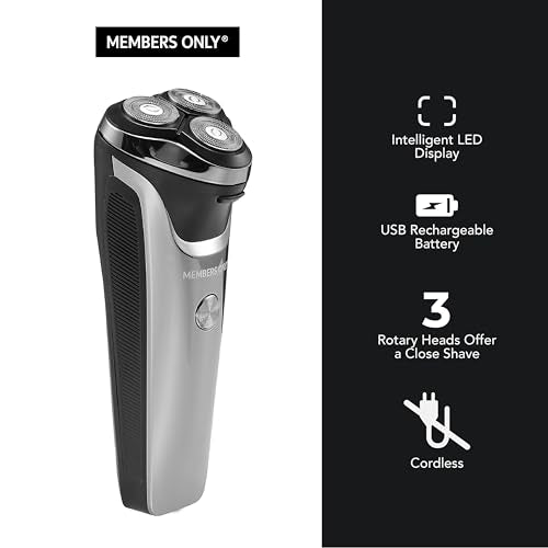Members Only Electric Razor for Men, Lithium Metallic Cordless 3 Heads Rotary Shaver, Precision Trimming, Close Shave with Built-in Pop-up Trimmer, IPX6 Waterproof, USB Rechargeable Battery