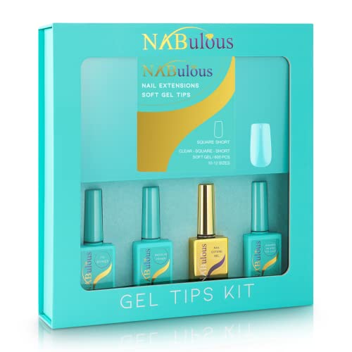KIT Square Short | Perfect Soft Gel Intro Starter KIT NABulous | Professional Kit | Short Length | Salon Quality | Clear Full Cover Nail Tips (Square Short)