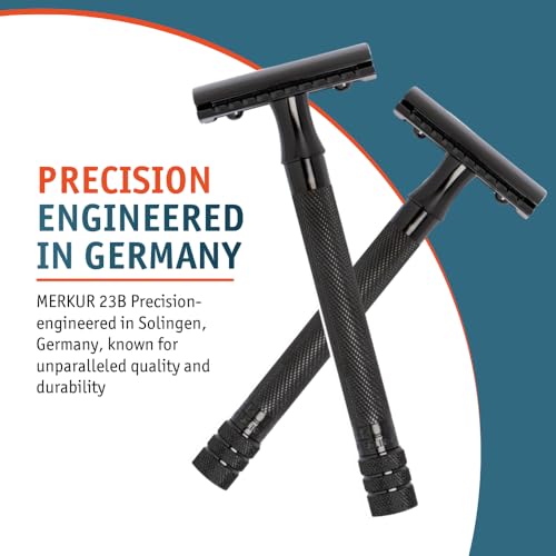 MERKUR 23B Double Edge Safety Razor - Black Long Knurled Brass Handle Made in Germany Plastic-Free Three Piece Design Closed Comb Straight Bar