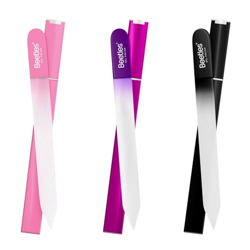 Beetles Glass Nail File for Natural Nails 3 Pack ? Double-Sided Crystal Nail Files with Case Etched Gentle Nails Care for Shaping & Polishing Manicure, Washable Reusable Glass Fingernail Files