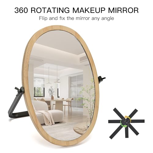 Vanity Makeup Table Mirror - Desk Mirrors 360 Adjustable Rotation,Wood Framed Small Standing Mirror for Bedroom,Tabletop,Office,Antique,Dresser,Countertop 11.8'' x 7.8''