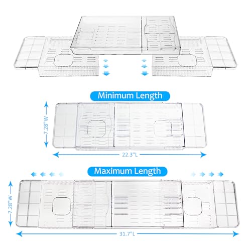 Expandable Bathtub Tray for Tub, Clear Acrylic Bath Caddy with Anti-Slip Design, Waterproof Bathroom Storage, Bath Organizer for Women, Fits Most Tubs up to 31.7" Ideal for Women and Adults
