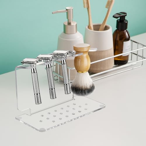 Beautyflier Safety Razor Stand, Clear Acrylic Razor Holder and Shaving Brush Stand, Men's Travel Shaver Stand Compatible with Most Razors and Brushes, Holds 3 Razors and 1 Brush (Stand Only)