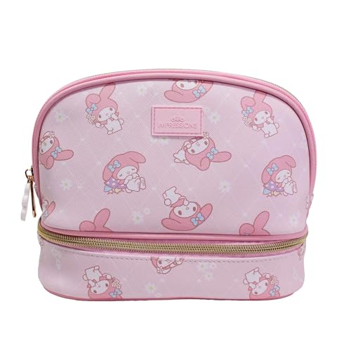 Impressions Vanity My Melody Double Layer Makeup Bag with Top and Bottom Zippered Compartments, My Melody Print Artwork Makeup Organizer with Faux Saffiano Leather, Inner Slip Pocket and Gold Hardware