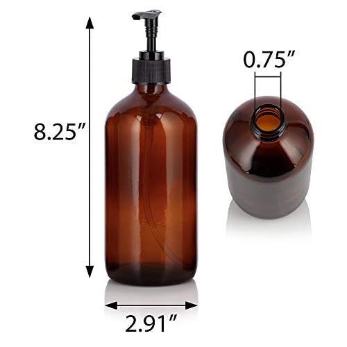 (4 Pack) 16 oz Amber Glass Boston Round Bottle with Black Lotion Pump