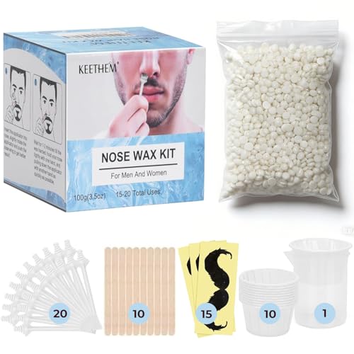 Nose Hair Wax Kit ? 100g Nose Wax + 20 Applicators + 15 Mustache Guards + 10 Paper Cups + 10 Sticks + 1 Measuring Cup ? Nose Wax Kit Men & Women, At-Home Hair Removal for 20+ Uses