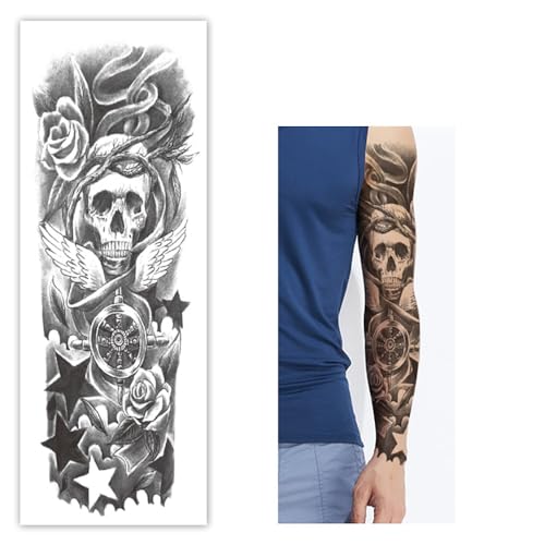 Fake Skull Temporary Sleeve Tattoos Halloween Arm Tattoos for Men Women,4-Sheet