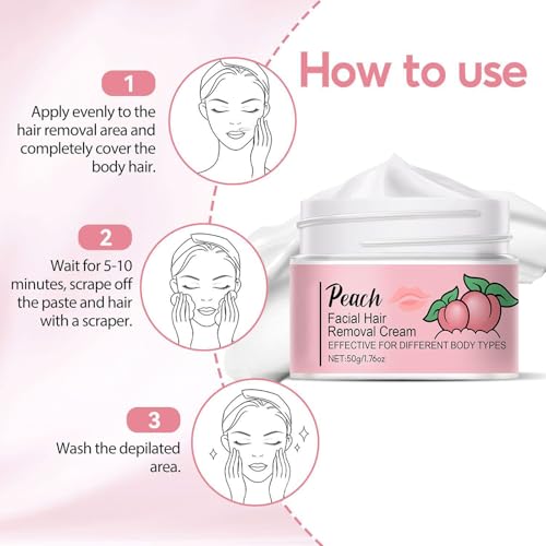 Facial Hair Removal Cream,Peach Facial Depilatory Cream for Upper Lip and Chin,Gentle Facial Hair Removal Painless Hairs Removers for Body Face Lips