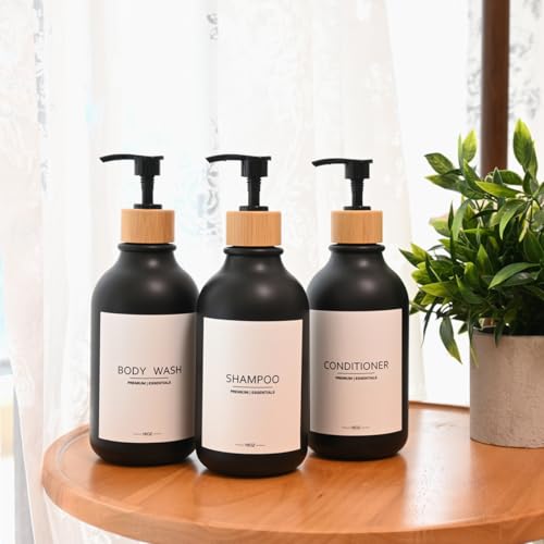 Shampoo and Conditioner Frosted Bottles Bamboo Pump, Refillable Shampoo Empty Bottles for Lotion Oil Shower Soap Dispenser (6p-Black)
