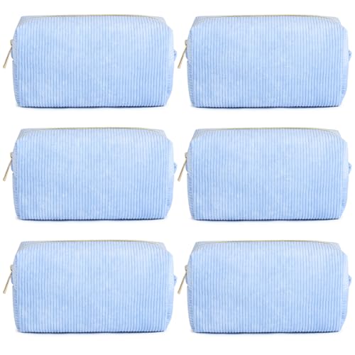 Aileam 6PCS Bridesmaid Proposal Gifts Corduroy Blue makeup bag bulk for Wedding Party Favors Bachelorette party decorations Toiletry Organizer Bag Cosmetic Case Gift