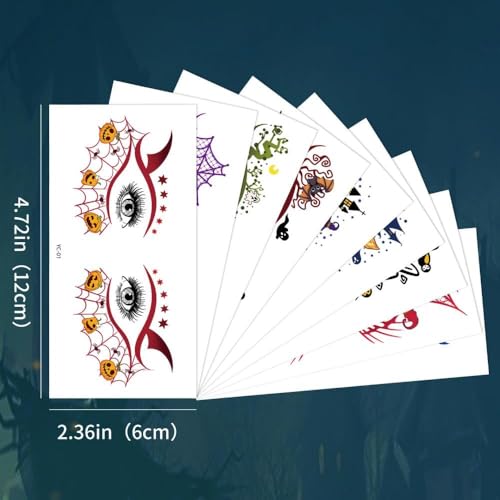 Halloween Temporary Tattoos Colorful Eye Fake Tattoos Halloween Mixed Styles Spider Web Tattoos Waterproof Cute Pumpkin Tattoo Cobweb Ghost Stickers for Kids Body Art Makeup 10 Sheets