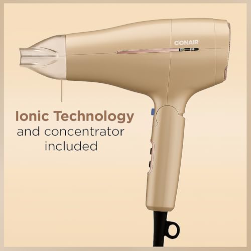 Conair 1875W Worldwide Travel Hair Dryer ? Dual Voltage, Folding Handle, Ionic Technology ? Champagne Compact Travel Blow Dryer for International Use