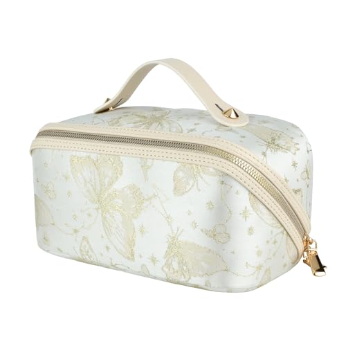 KEYPOWER Large Capacity Cosmetic Bag with Butterfly Pattern Travel Makeup Bag Portable Toiletry Bag with Handle for Women (White)