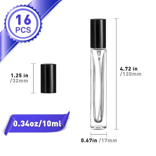 Travel Perfume Bottle Refillable, 16pcs 10ML Mini Glass Perfume Containers with Funnel and Label, Empty Portable Leak-proof Fragrance Bottles Spray Atomizer Pump Bottle Kit for Toiletries