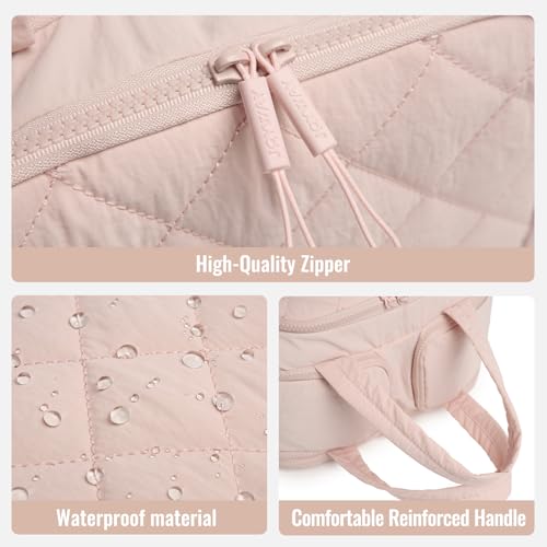Travel Toiletry Bag, Large Quilted Cosmetic Organizer with Water-Resistant PVC & Mesh Pockets, Makeup Bag for Weekend Trip and Business Travel Essentials (Pink)