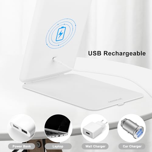 Travel Makeup Mirror with 3 Colors Light Modes, Folding Vanity Mirror with Lights, Adjustable Brightness, USB Rechargeable, Portable, Ultra Thin (White)