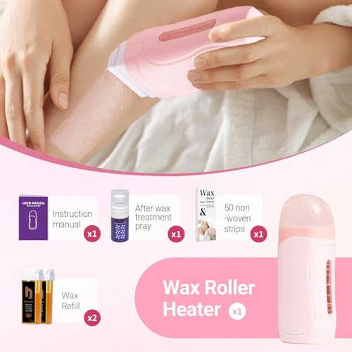 Roll On Wax Kit, Wax Roller Kit - Waxing Kit for Women & Men with 2 Honey Wax Refills & 50 Wax Strips, Home Hair Removal for Body and Legs, Easy Painless & Smooth Cera Para Depilar (Pink)