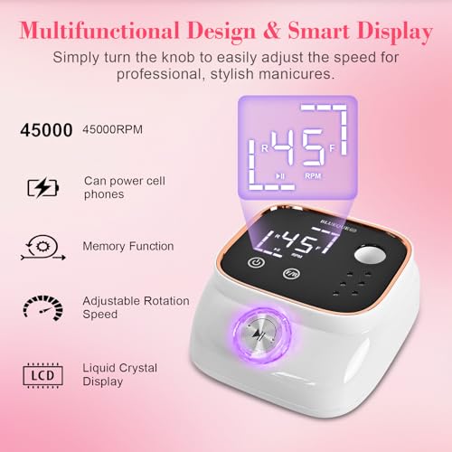 Premium Professional Electric Nail Drill & File Kit ? 45,000 RPM High-Speed Handpiece with LCD Display, 7 Versatile Bits, Low Noise & Heat, Perfect for Salon & Home Use(White)