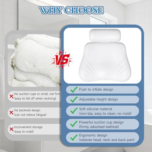 Upgraded Silicone Bath Pillow, 4D Press Inflatable Airbag and Non-Slip Large Suction Cups, Adjustable Head Neck and Back Support, Comfortable Luxury Bath Pillows for Tub, Bath Spa Accessories White
