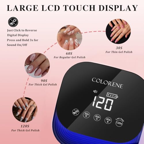 Cordless UV LED Nail Lamp with 6 Nail Art Brushes and 2 Dotting Pens, 60W Rechargeable Nail Dryer Gel Polish Light, Auto Sensor and LCD Display, Portable 30 Beads LED Nail Light with 4 Timer Setting