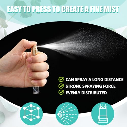 Zhehao 50 Pcs Mini Spray Bottles 10 ml Clear Glass Perfume Bottles Refillable Fine Mist Perfume Atomizer Portable Empty Sample Containers for Cleaning, Essential Oils, Travel (Gold Cap)