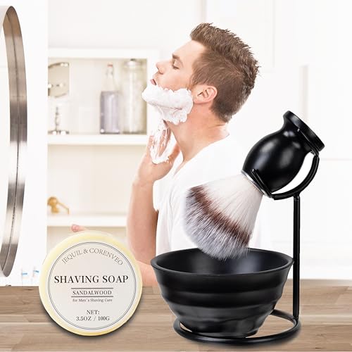JEQUIL&CORENVEO Shaving Brush Set for Men, 4pcs Synthetic Shaving Brush with Shaving Soap, Stand and Shaving Bowl