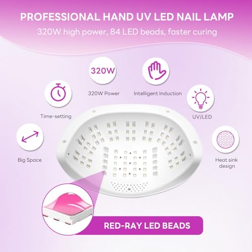 320W UV LED Nail Lamp, Professional UV Nail Dryer Light with 84Pcs LED Beads, Fast Gel Curing 4 Timer Setting Auto Sensor, Portable Handle Gel Polish for Salon and Home Nail Art Tools