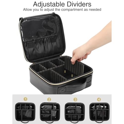 Relavel Makeup Bag, Travel Cosmetic Train Case Organizer Portable Artist Storage Bag with Adjustable Dividers for Cosmetics Makeup Brushes Toiletry Jewelry Digital Accessories Quilted Leather Black