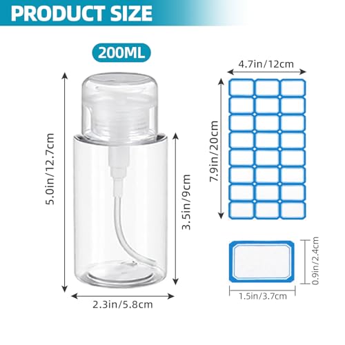 24 Pcs Push Down Pump Dispenser, Lockable Empty Refillable Bottles for Nail Polish Remover, Acetone & Makeup Remover, 6.8oz/200ml Clear Cosmetic Container with Labels