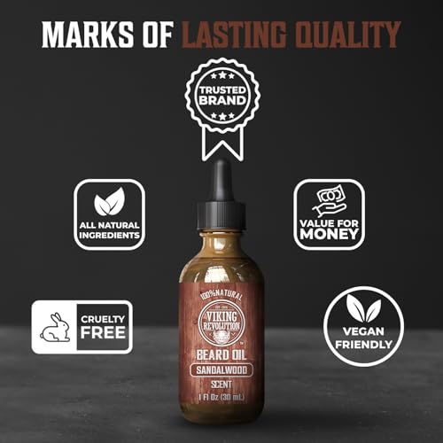 Viking Revolution Sandalwood Beard Wash and Beard Conditioner for Men (17 Oz each), Sandalwood Beard Balm (2 Oz) and Beard Oil (1 Fl Oz) - Beard Care Softener and Strengthener