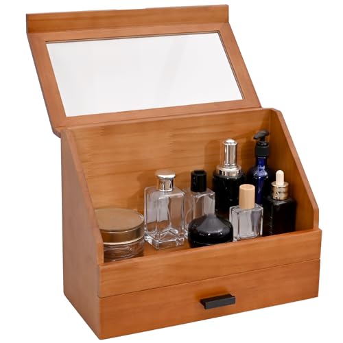 Cologne Organizer for Men, Pine Wood Bathroom Vanity Organizer Countertop, Desk Organizers with Drawer, 2 Tier Perfume Stand Holder, Men Jewelry Box, Ideal Gift for Him Dad Boyfriend