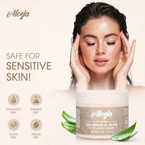 Soursop and Aloe Vera Moisturizing Cream - Ultra Hydrating Face Moisturizer and Body Lotion for Women & Men - Fragrance-Free Organic Lotion for sensitive skin with Hemp Oil, Tea Tree, Green Tea, 5 oz