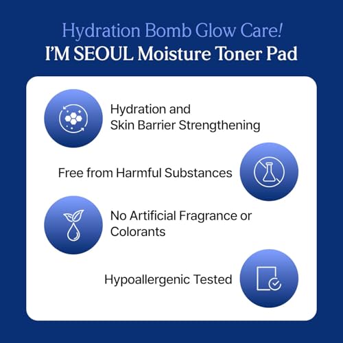 I¡¯M SEOUL Toner Pads Hydrating Moisture Pads with Ectoin, Beta-Glucan, LHA, Hyal-Microsome for All Skin Types Korean Skincare 60 Count 8.11 fl oz