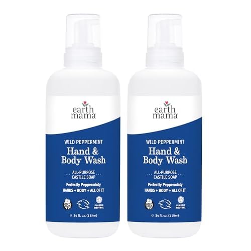 Earth Mama Wild Peppermint Hand & Body Wash | Foaming Castile Soap Liquid and Hand Soap, Made with Organic Wild Mint & Peppermint Oil, 34 fl oz (2-Pack)