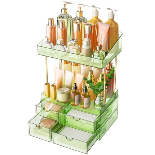 SNSLXH 4 Drawers Makeup Organizer - 4 Tier Makeup Storage, Cosmetics Organiser, Ideal for Cosmetic, 4 Dividers with Drawers for Countertop, Bathroom, Office Supplies, Dresser Transparent Green