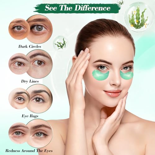 Seaweed & Collagen Under Eye Patches, 60 Pcs Under Eye Masks for Dark Circles, Puffiness & Fine Lines, Nourishing & Firming Eye Mask Skincare for Women Men, Stocking Stuffers, with Applicator Spoon