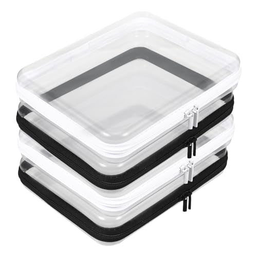 4 Pack Clear Hard Shell Zipper Case, 8¡¿9" Plastic Clear Storage Zipper Case, Transparent Waterproof Hard Pouches for Makeup Cosmetic Snacks Building Blocks Puzzles Doll Storage Cases, White Black,M
