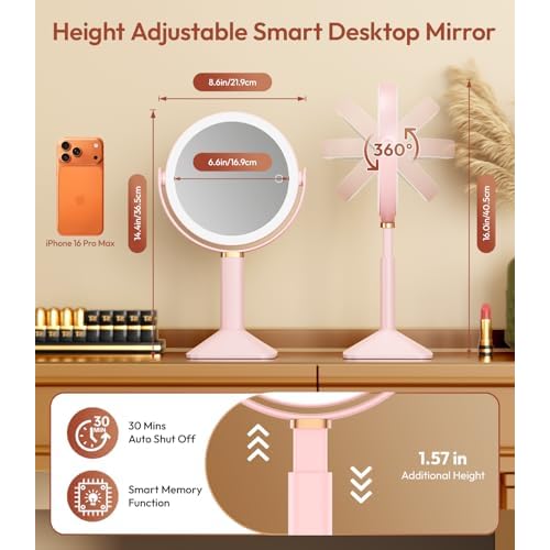 Lighted Makeup Mirror with Lights and Magnification 30X/1X, Height Adjustable 30X Magnifying Vanity Mirror with 4000mAh Battery & 3 Colors Dimming Light for Desktop Bathroom Bedroom (Pink)