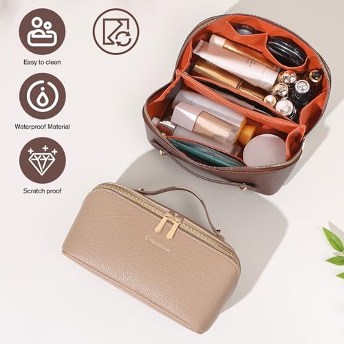 Structured Leather Makeup Bag for Women, Wide Opening Travel Cosmetic Case, Large Capacity Box Style Toiletry Organizer with Brush Compartment, Brown(Brown, Lychee Grain)