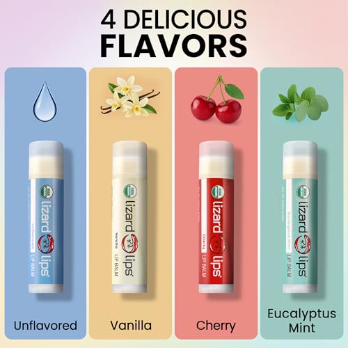 LizardLips Natural Lip Balm Set of 4; USDA Certification Lip Moisturizer; Unflavored, Vanilla, Cherry, Eucalyptus Mint; Travel-Friendly Everyday Care; Fun Quirky Beach Vacation Essentials