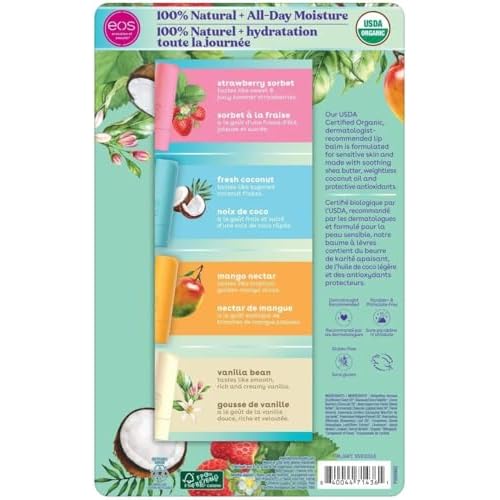 Eos Natural and Organic Shea Lip Balm Stick, 9-pack, 2 strawberry sorbet, 2 fresh coconut, 2 mango nectar, and 3 vanilla bean.