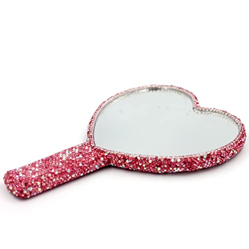 Bling Rhinestone Heart Handheld Mirror - Portable & Dazzling Makeup Mirror for On-The-Go Touch-ups (Plastic Pink)