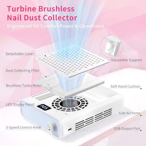Missshine Nail Dust Collector with Arm Support ? Quiet Suction, 5-Speed Adjustable Vacuum with Flexible Stand for Professional Nail Art