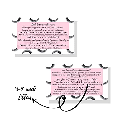 Lash Extension Aftercare Instructions Cards | Package of 50 | Eye Lashes with Pink Inlay Design Double Sided Size 3.5 x 2" inches After Care (3-4 Week Fillers)