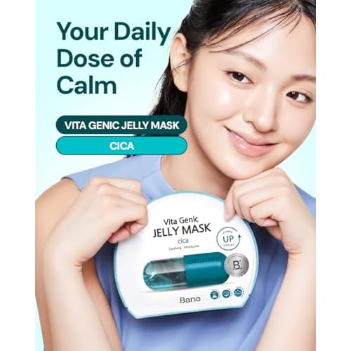 Vita Genic Jelly Face CICA Mask 10EA ? Soothing & Hydrating Sheet Mask for Sensitive Skin, Korean Glass Skin Care with Centella, Vitamin C, Biotin & Niacinamide, Fragrance-Free, Pack of 2