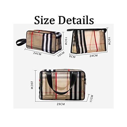 PVC Stripe Cosmetic Bag Waterproof Zipper Makeup Bag Multifunctional Large Capacity Mesh Bathroom Travel Storage Portable Bag Easy to Organize for Women Girl Khaki