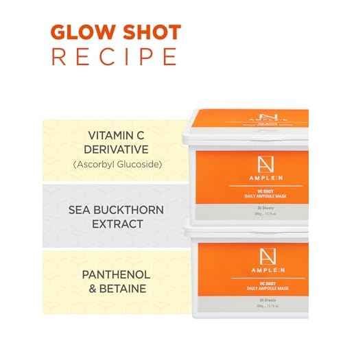 VC Shot Daily Ampoule Mask - Korean Face Sheet Masks with Vitamin C for Radiant Skin Tone Daily Facial Treatment with Niacinamide for Hydration & Complexion Enhancement, 30 Sheets